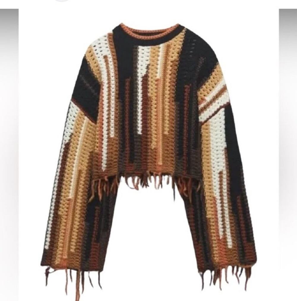 NEW ZARA Striped Fringe Cropped Sweater Brown Cream Black Size Large